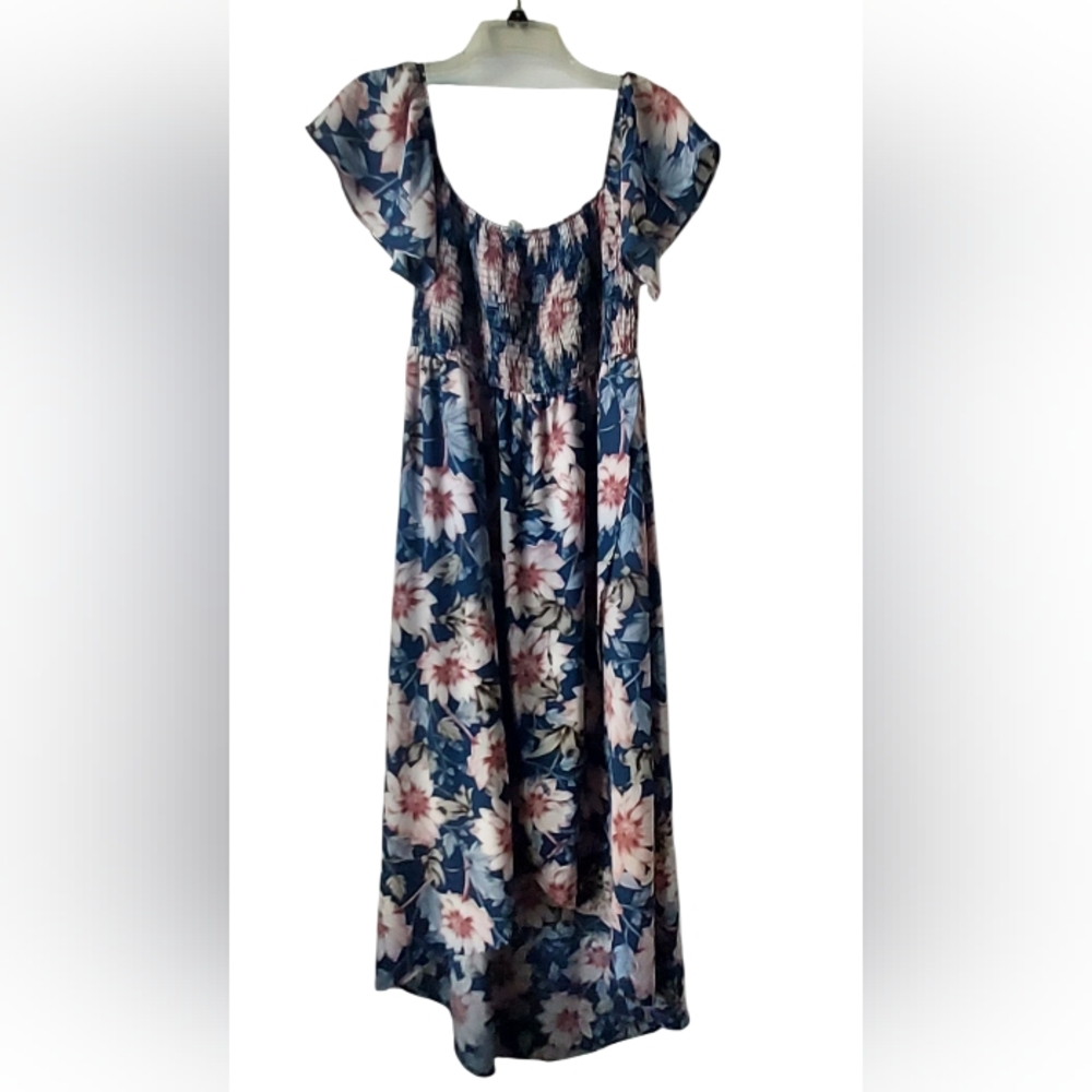 Pink Blush High Low Blue Floral Boho Empire Romantic Party Prairie Cottagecore L